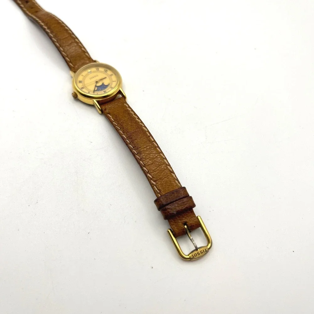 Tissot C220 Moonphase Watch Date Gold Tone Roman Numeral Brown Leather Strap